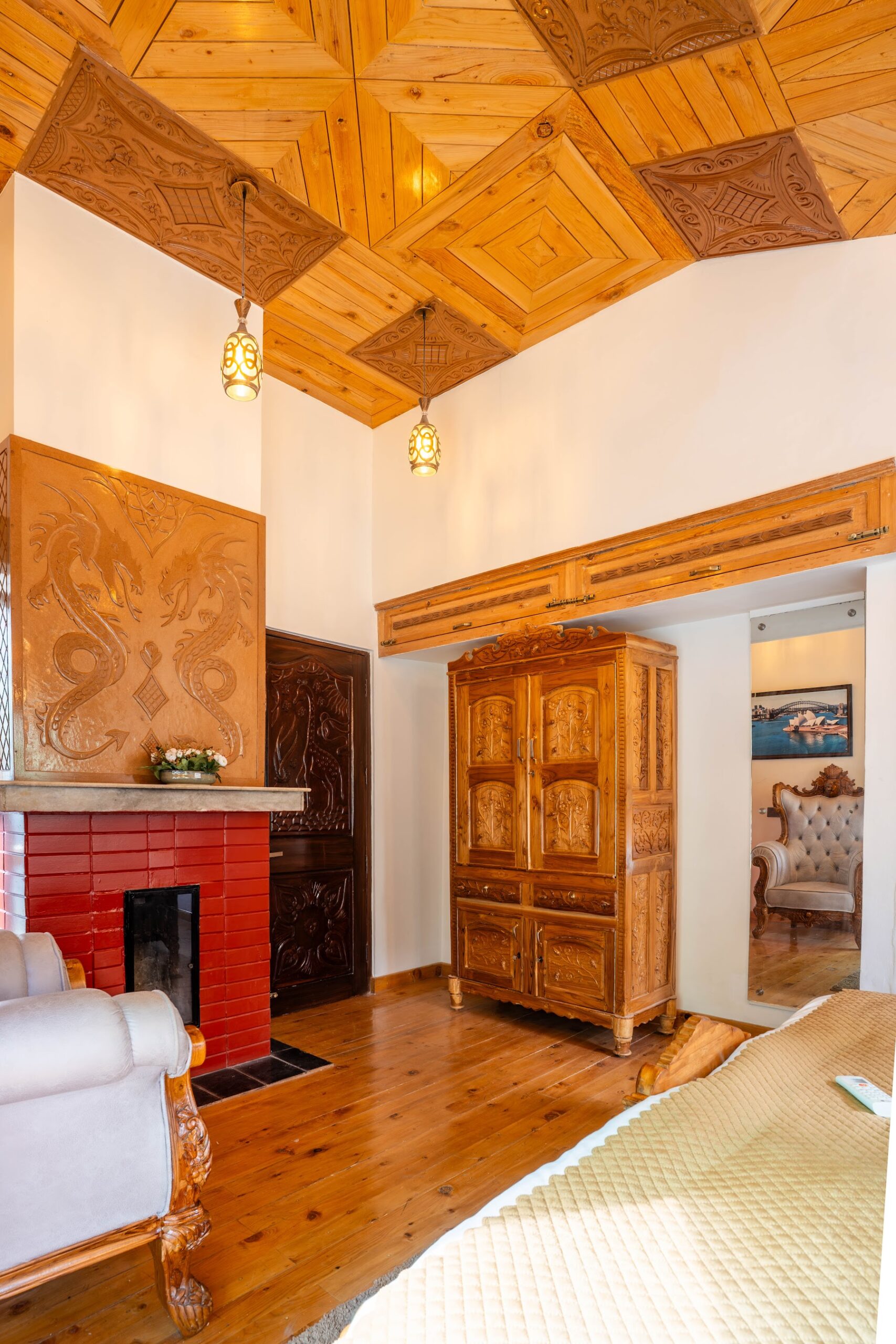 Carved wooden ceiling in the Hall Balcony Suite