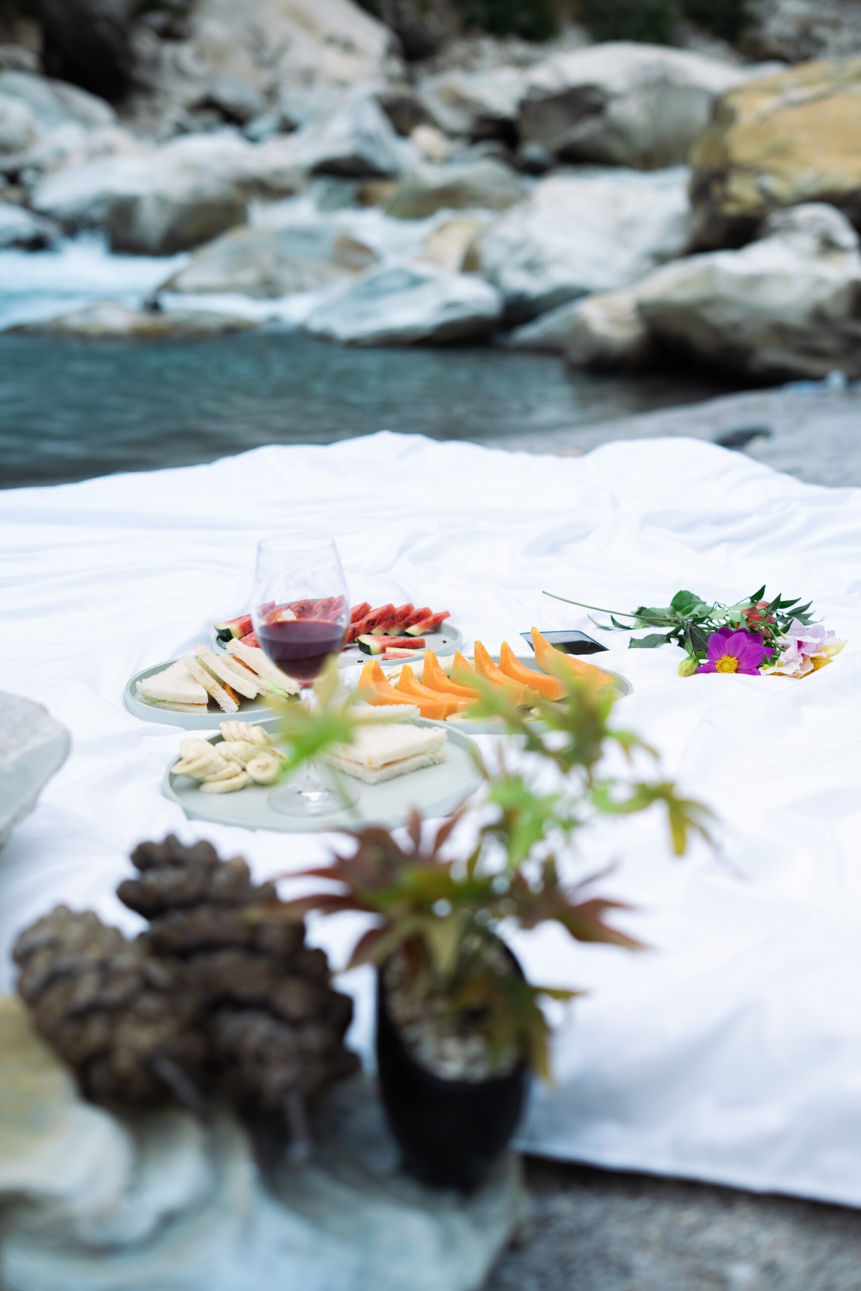 Picnic spread laid out beside the Parvati River