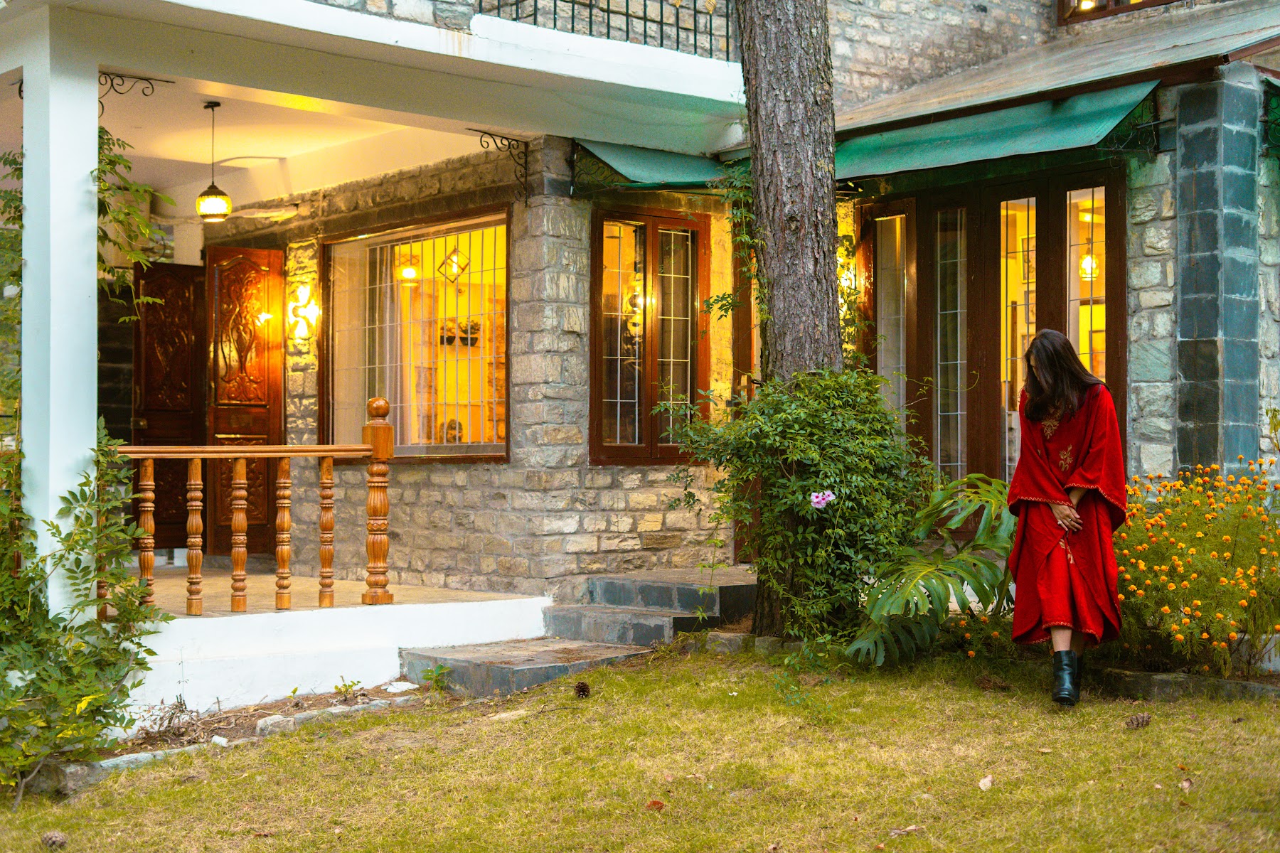 River Stone Villa lit up in the evening